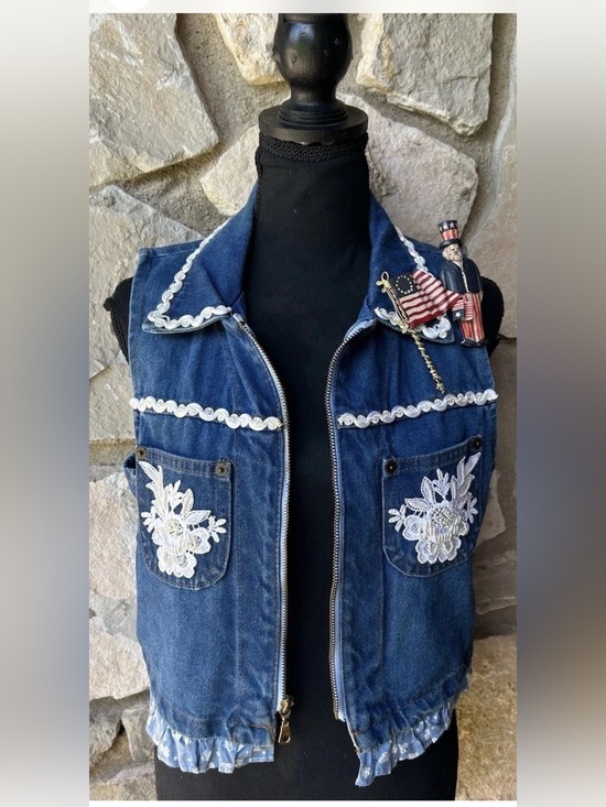 EXCELLENT Jackets & Blazers - Vintage Womens 4th Of July Denim Vest S/M Stars & Stripes Uncle Sam EC